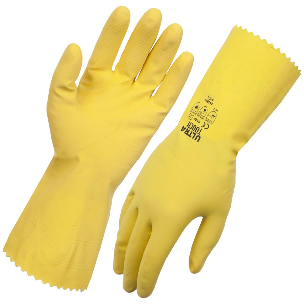 GLOVES RUBBER YELLOW FLOCK LINED 9-9.5